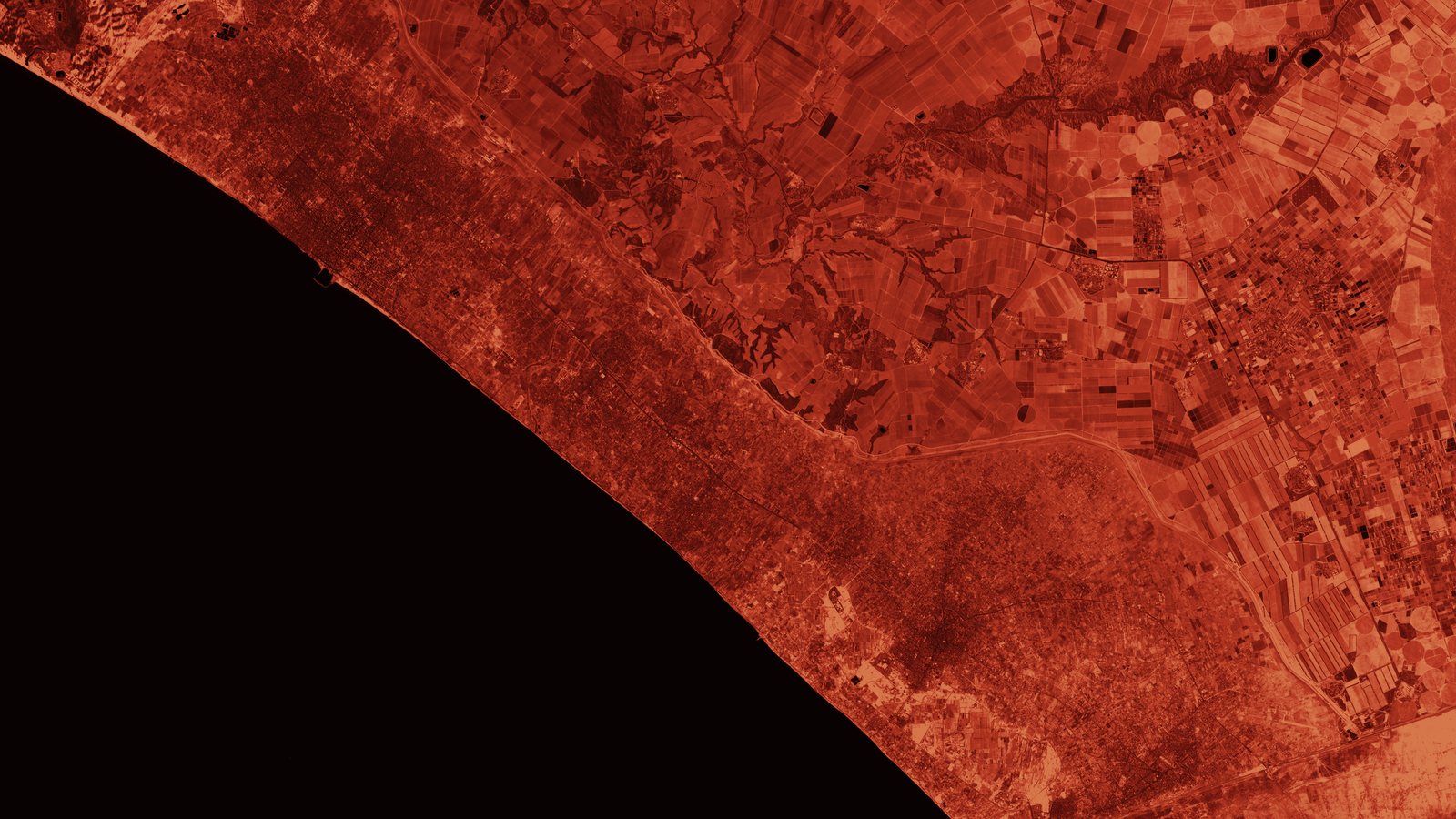 Red-tinted Sentinel-2 satellite view of the Gaza Strip coastline